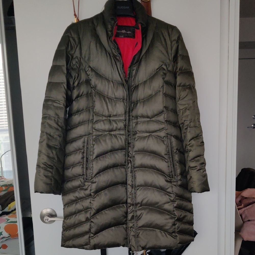 Eddie Bauer Olive Green Women's Long Puffer Down filled